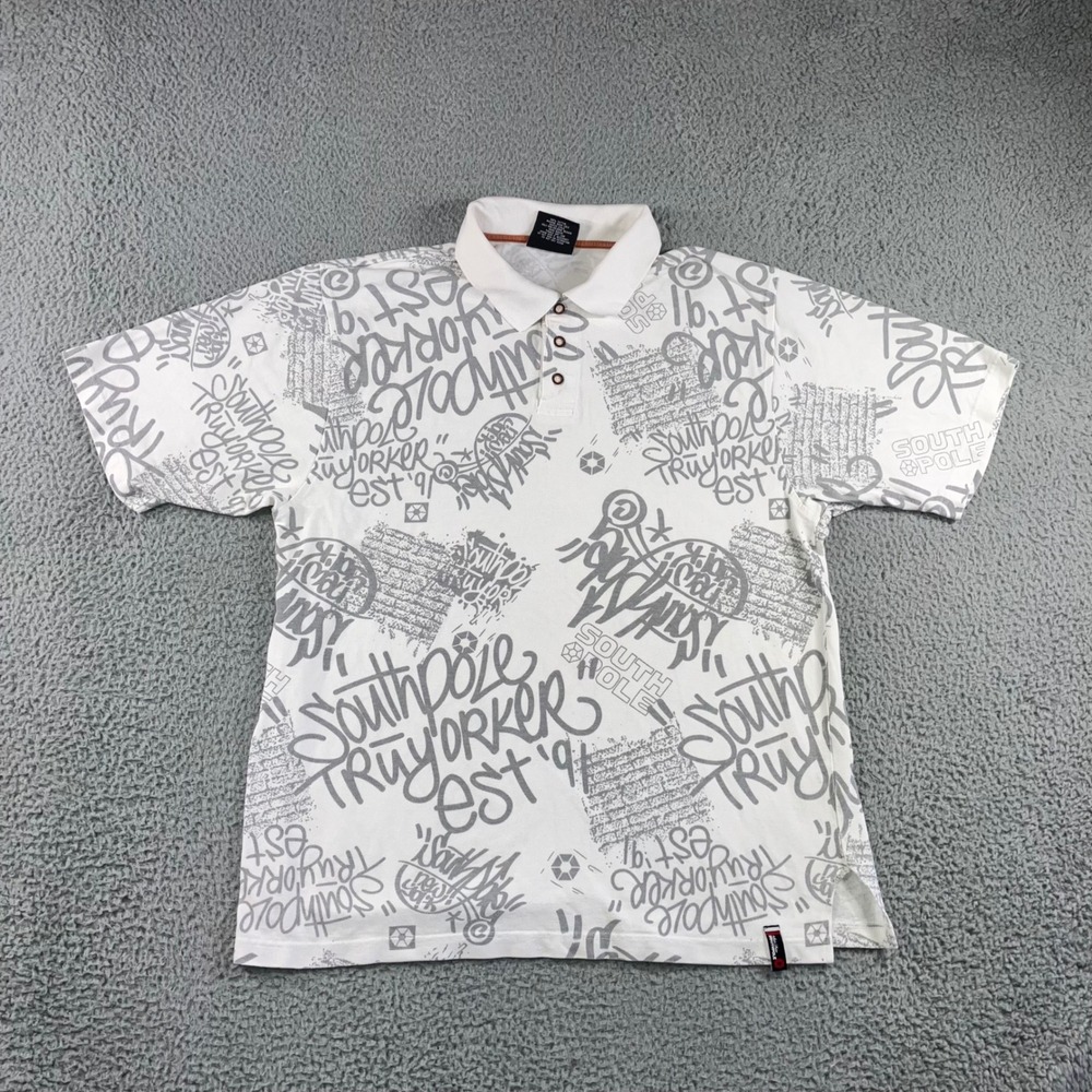 VTG Southpole Polo Shirt Men XL White Graffiti Print Streetwear Y2K Grunge Baggy